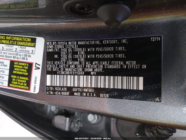 2015 Toyota Venza Limited V6 მანქანა იყიდება აუქციონზე, vin: 4T3BK3BB1FU115049, აუქციონის ნომერი: 44741637