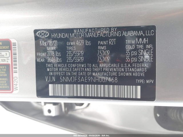 5NMJF3AE9NH007468 Hyundai TUCSON SEL
