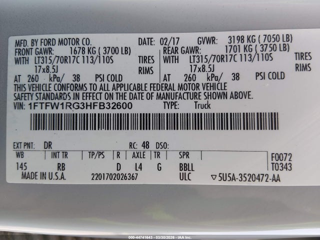 1FTFW1RG3HFB32600 Ford F-150 Raptor