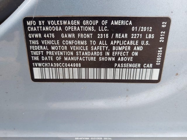 2012 VOLKSWAGEN PASSAT 1VWCH7A39CC044988 Photo 8