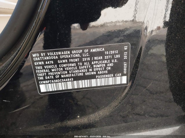 Aukcja sprzedaży 2013 Volkswagen Passat 2.5l Se, vin: 1VWBP7A38DC044643, numer aukcji: 44741671