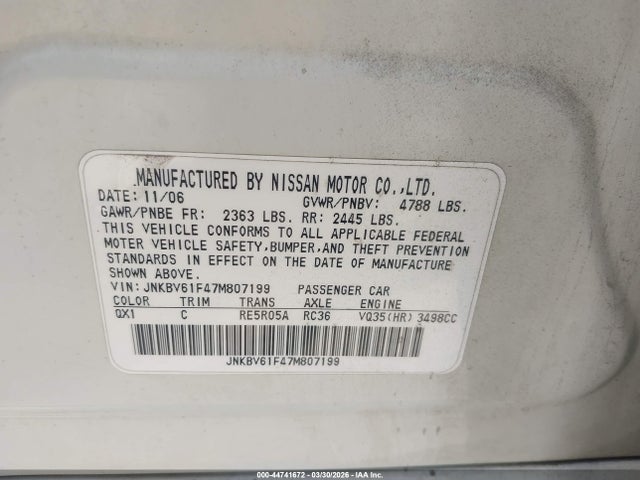 Продажа на аукционе авто 2007 Infiniti G35x, vin: JNKBV61F47M807199, номер лота: 44741672