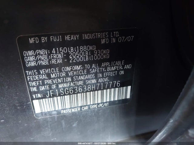 44741677 :رقم المزاد ، JF1SG63638H717776 vin ، 2008 Subaru Forester 2.5x مزاد بيع