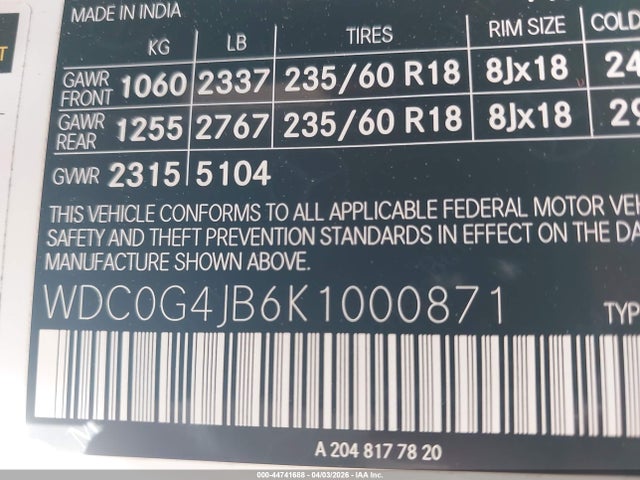 44741688 :رقم المزاد ، WDC0G4JB6K1000871 vin ، 2019 Mercedes-benz Glc 300 مزاد بيع
