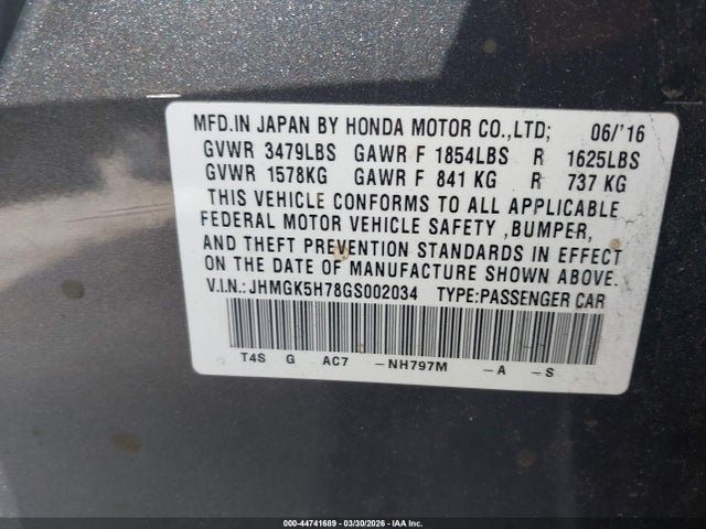 JHMGK5H78GS002034 Honda FIT EX