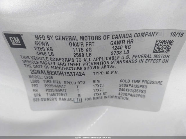 2017 Chevrolet Equinox Ls მანქანა იყიდება აუქციონზე, vin: 2GNALBEK5H1537424, აუქციონის ნომერი: 44741695
