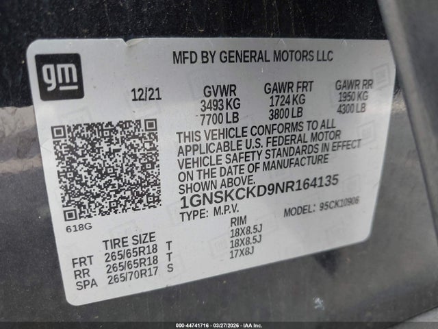 1GNSKCKD9NR164135 Chevrolet Suburban 4wd Lt