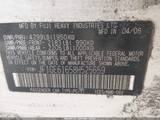 44741731 :رقم المزاد ، JF1GE61658H525659 vin ، 2008 Subaru Impreza 2.5i مزاد بيع