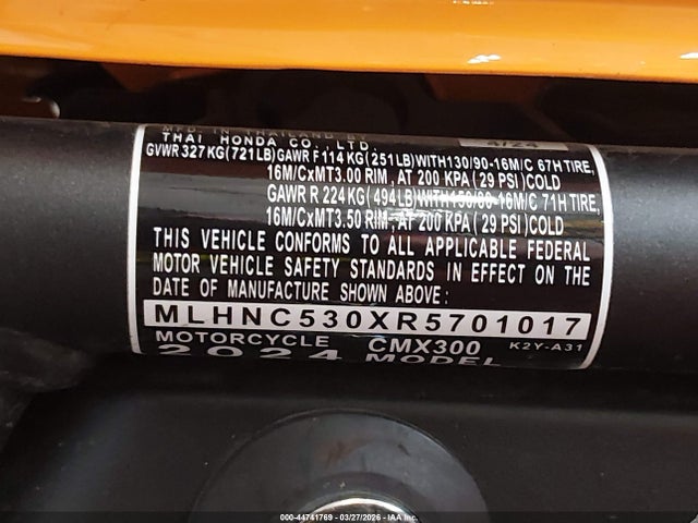 2024 Honda Cmx300 მანქანა იყიდება აუქციონზე, vin: MLHNC530XR5701017, აუქციონის ნომერი: 44741769