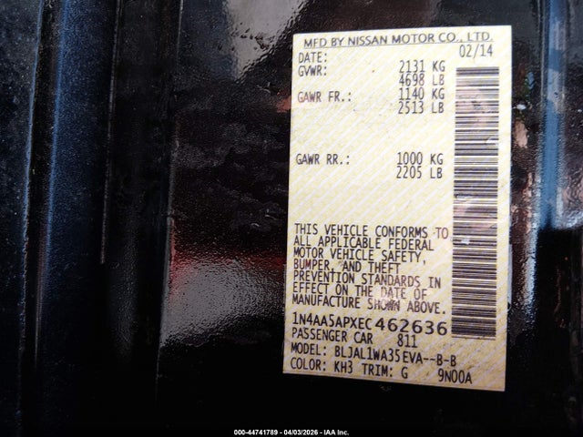 44741789 :رقم المزاد ، 1N4AA5APXEC462636 vin ، 2014 Nissan Maxima 3.5 Sv مزاد بيع
