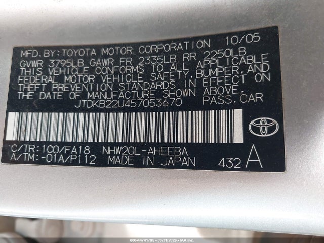 Aukcja sprzedaży 2005 Toyota Prius, vin: JTDKB22U457053670, numer aukcji: 44741795