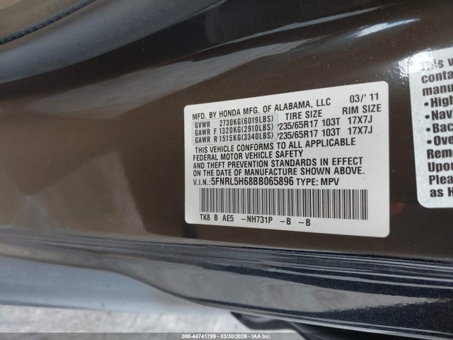 Aukcja sprzedaży 2011 Honda Odyssey Ex-l, vin: 5FNRL5H68BB065896, numer aukcji: 44741799