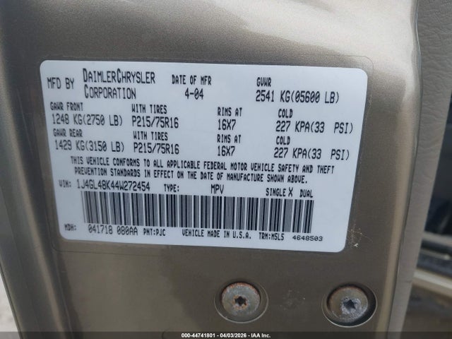 2004 Jeep Liberty Sport მანქანა იყიდება აუქციონზე, vin: 1J4GL48K44W272454, აუქციონის ნომერი: 44741801