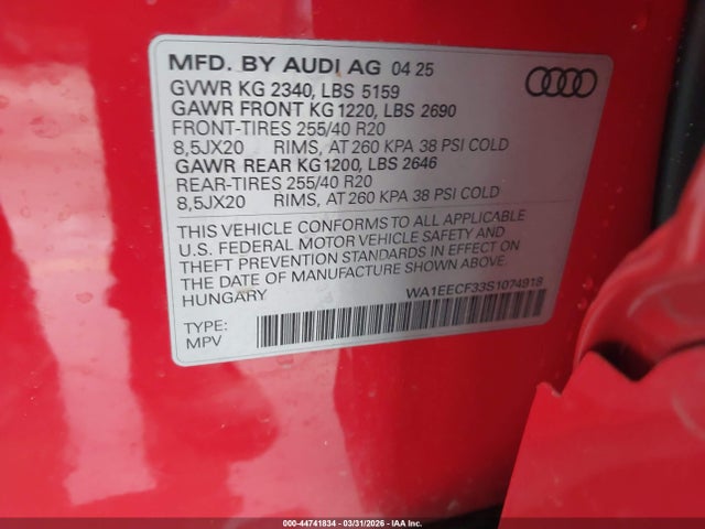 Продажа на аукционе авто 2025 Audi Q3 Premium 45 Tfsi S Line Quattro Tiptronic, vin: WA1EECF33S1074918, номер лота: 44741834