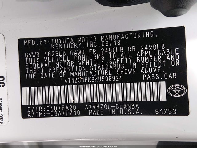 2019 TOYOTA CAMRY HYBRID 4T1B31HK9KU508924 Photo 8
