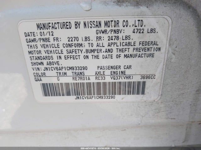 44741874 :رقم المزاد ، JN1CV6AP1CM933290 vin ، 2012 Infiniti G37 Journey مزاد بيع