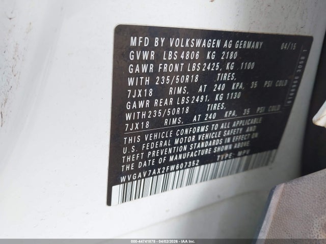 Продаж на аукціоні авто 2015 Volkswagen Tiguan Se, vin: WVGAV7AX2FW607352, номер лоту: 44741878