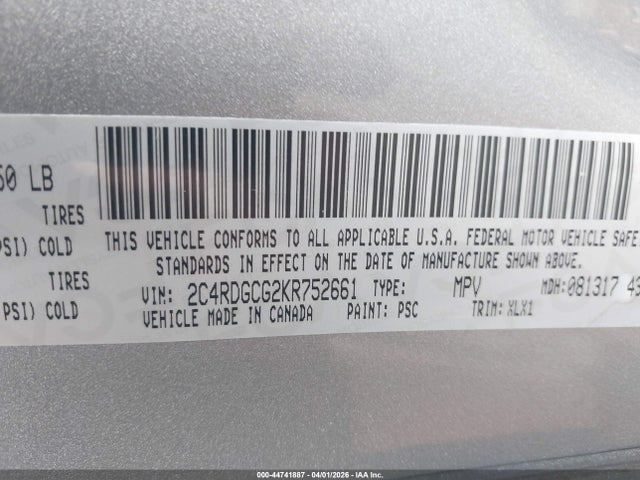 44741887 :رقم المزاد ، 2C4RDGCG2KR752661 vin ، 2019 Dodge Grand Caravan Sxt مزاد بيع