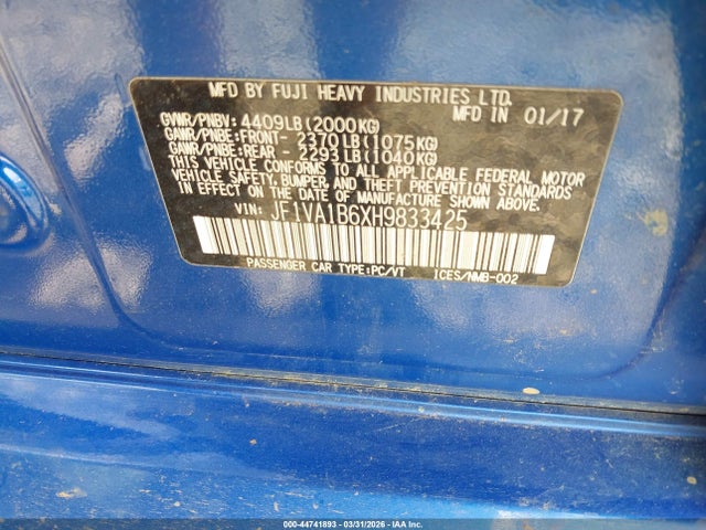 44741893 :رقم المزاد ، JF1VA1B6XH9833425 vin ، 2017 Subaru Wrx مزاد بيع