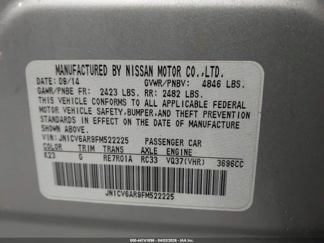 44741896 :رقم المزاد ، JN1CV6AR9FM522225 vin ، 2015 Infiniti Q40 مزاد بيع