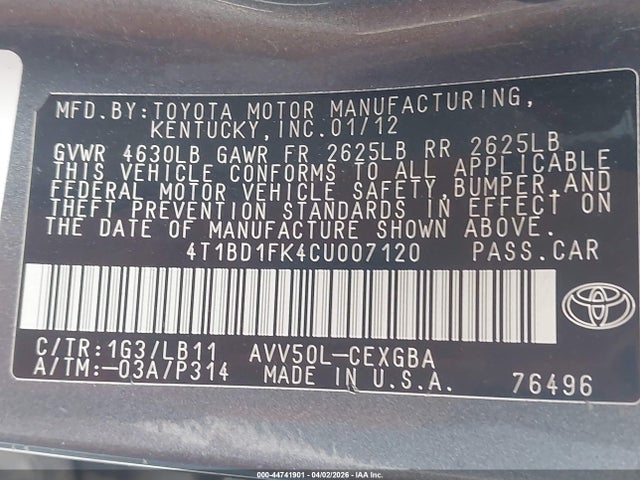 44741901 :رقم المزاد ، 4T1BD1FK4CU007120 vin ، 2012 Toyota Camry Hybrid Xle مزاد بيع