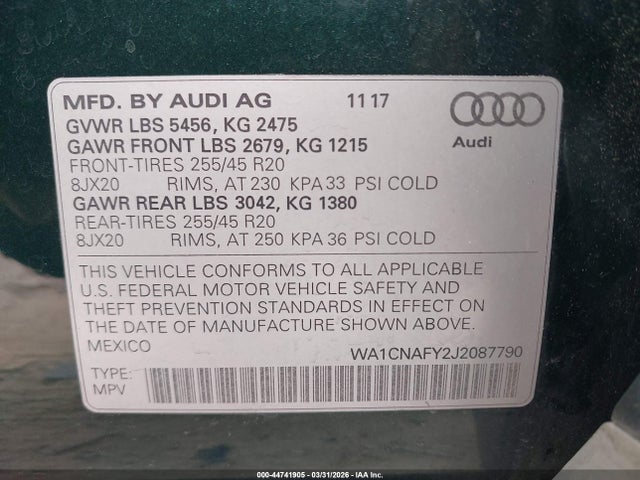 Aukcja sprzedaży 2018 Audi Q5 2.0t Premium/2.0t Tech Premium, vin: WA1CNAFY2J2087790, numer aukcji: 44741905