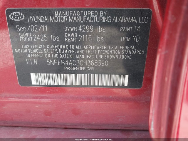 2012 Hyundai Sonata Gls მანქანა იყიდება აუქციონზე, vin: 5NPEB4AC3CH368390, აუქციონის ნომერი: 44741911