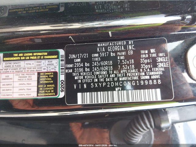 44741914 :رقم المزاد ، 5XYP2DHC0NG199888 vin ، 2022 Kia Telluride Lx مزاد بيع