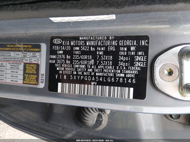 2020 Kia Sorento 3.3l Lx მანქანა იყიდება აუქციონზე, vin: 5XYPGDA54LG678146, აუქციონის ნომერი: 44741918
