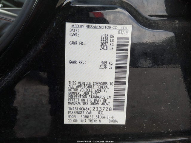 Aukcja sprzedaży 2019 Nissan Altima 2.5 Sr, vin: 1N4BL4CW8KC213728, numer aukcji: 44741928