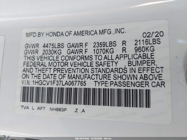 44741942 :رقم المزاد ، 1HGCV1F37LA067765 vin ، 2020 Honda Accord Sport مزاد بيع