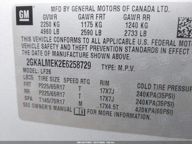 Aukcja sprzedaży 2014 Gmc Terrain Sle-1, vin: 2GKALMEK2E6258729, numer aukcji: 44741943