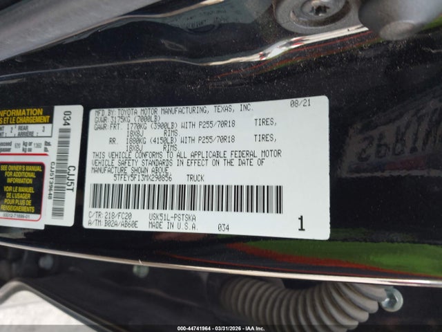 Продаж на аукціоні авто 2021 Toyota Tundra Sr5, vin: 5TFEY5F13MX290856, номер лоту: 44741964