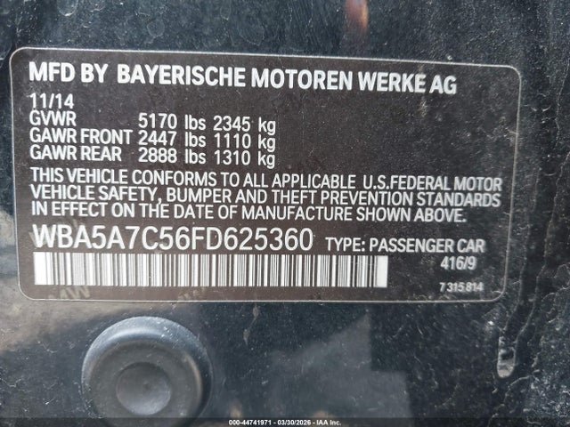 44741971 :رقم المزاد ، WBA5A7C56FD625360 vin ، 2015 Bmw 528i Xdrive مزاد بيع