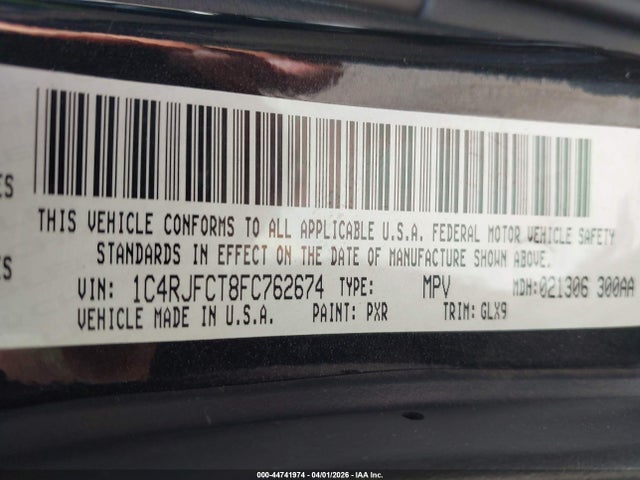 44741974 :رقم المزاد ، 1C4RJFCT8FC762674 vin ، 2015 Jeep Grand Cherokee Overland مزاد بيع