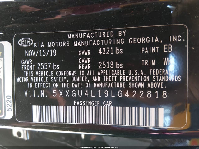 2020 Kia Optima Ex Premium მანქანა იყიდება აუქციონზე, vin: 5XXGU4L19LG422818, აუქციონის ნომერი: 44741979