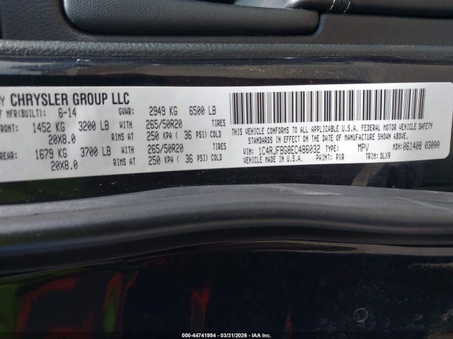 Продажа на аукционе авто 2014 Jeep Grand Cherokee Limited, vin: 1C4RJFBG8EC486032, номер лота: 44741994