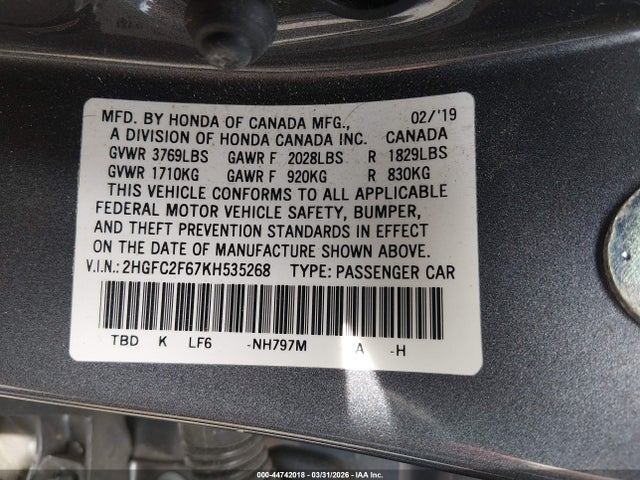 Aukcja sprzedaży 2019 Honda Civic Lx, vin: 2HGFC2F67KH535268, numer aukcji: 44742018