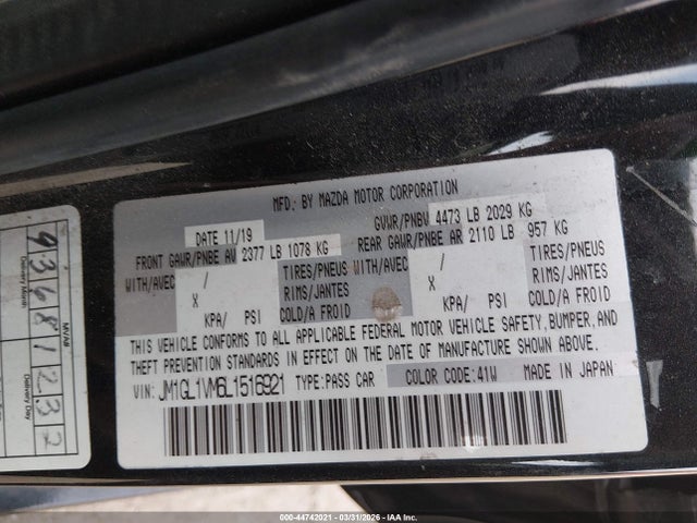 Aukcja sprzedaży 2020 Mazda Mazda6 Touring, vin: JM1GL1VM6L1516921, numer aukcji: 44742021