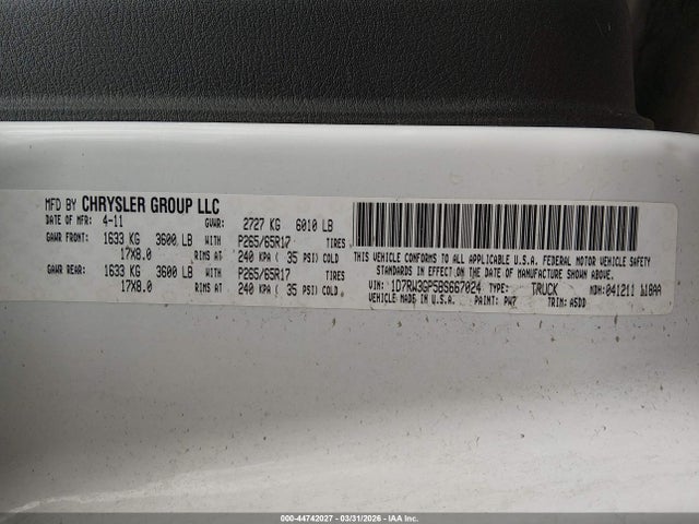 Продаж на аукціоні авто 2011 Dodge Dakota Bighorn/lonestar, vin: 1D7RW3GP5BS667024, номер лоту: 44742027