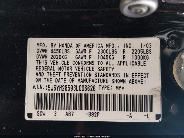 2003 HONDA ELEMENT 5J6YH28593L006626 Photo 8
