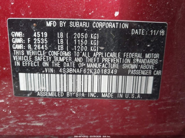 Aukcja sprzedaży 2019 Subaru Legacy 2.5i Premium, vin: 4S3BNAF62K3018349, numer aukcji: 44742032
