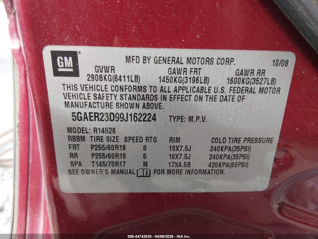 Aukcja sprzedaży 2009 Buick Enclave Cxl, vin: 5GAER23D99J162224, numer aukcji: 44742038