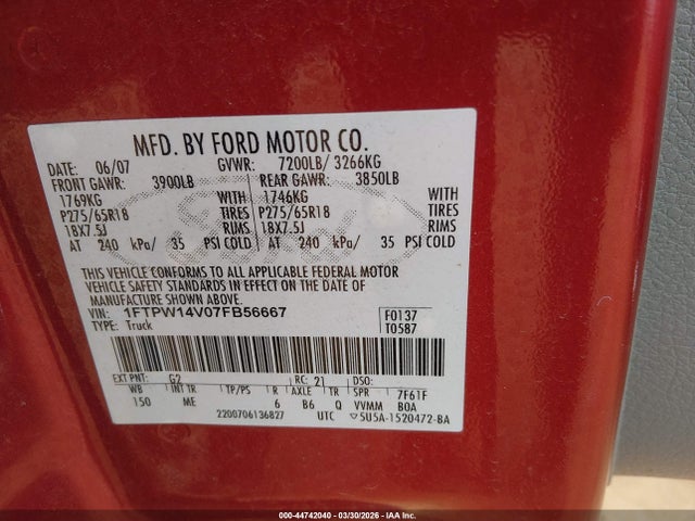 Продаж на аукціоні авто 2007 Ford F-150 Fx4/lariat/xlt, vin: 1FTPW14V07FB56667, номер лоту: 44742040