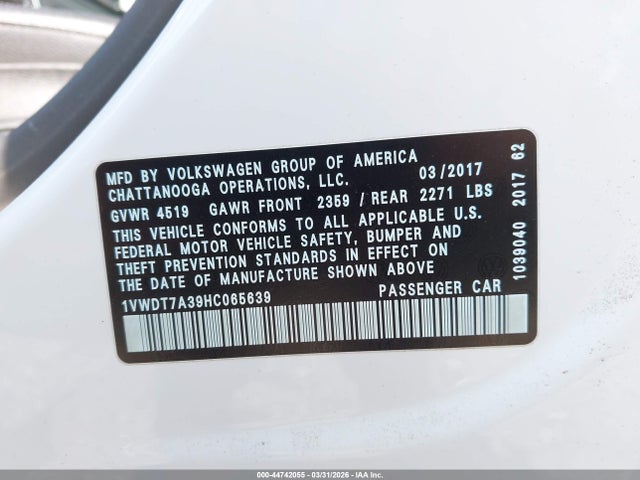 Продаж на аукціоні авто 2017 Volkswagen Passat 1.8t R-line, vin: 1VWDT7A39HC065639, номер лоту: 44742055