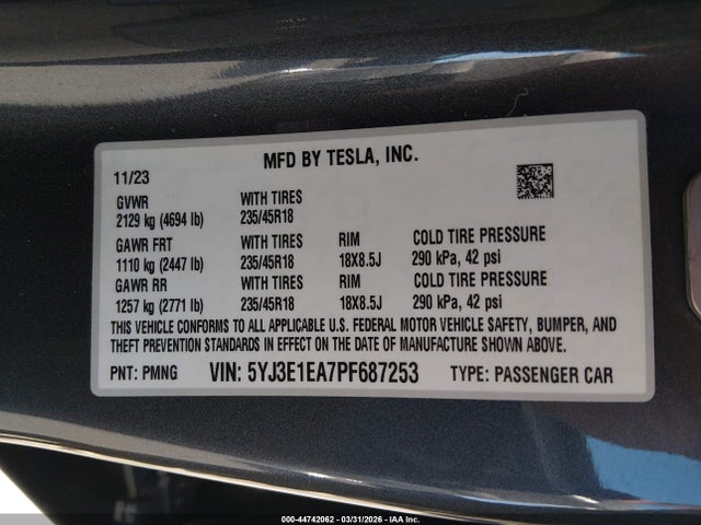 Aukcja sprzedaży 2023 Tesla Model 3 Rear-wheel Drive, vin: 5YJ3E1EA7PF687253, numer aukcji: 44742062