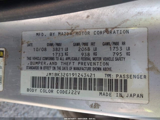 Aukcja sprzedaży 2009 Mazda Mazda3 I, vin: JM1BK32G191243421, numer aukcji: 44742071