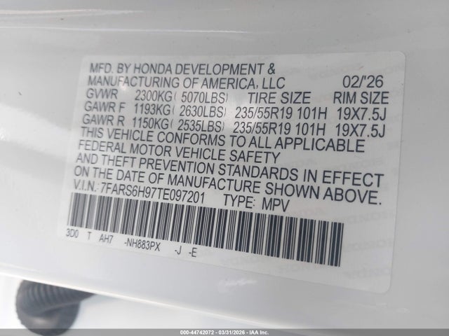 2026 Honda Cr-v Hybrid Awd Sport Touring მანქანა იყიდება აუქციონზე, vin: 7FARS6H97TE097201, აუქციონის ნომერი: 44742072
