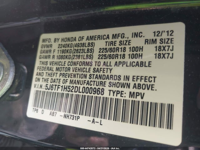 44742073 :رقم المزاد ، 5J6TF1H52DL000968 vin ، 2013 Honda Crosstour Ex-l V6 مزاد بيع