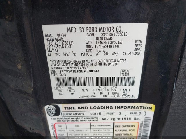 1FTFW1EF2EKE98144 Ford F-150 Xlt